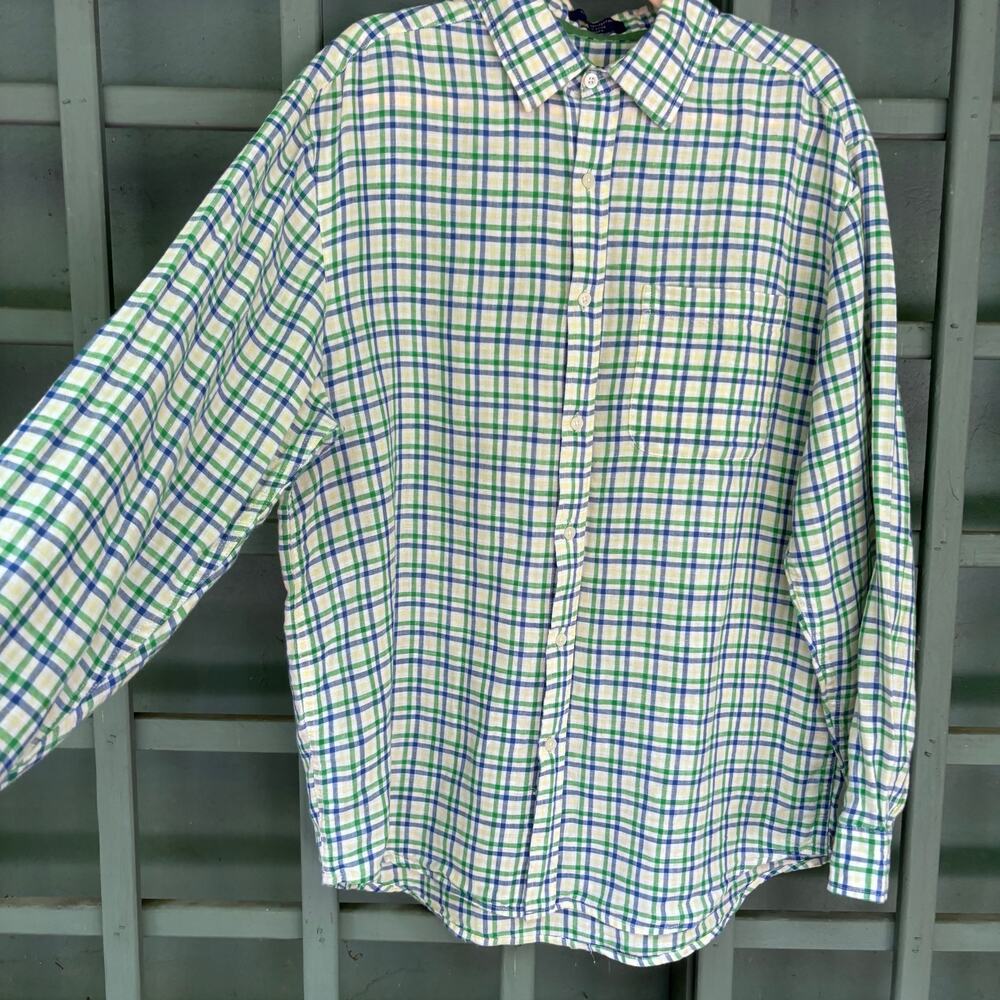 Alan Flusser Men's L Linen Cotton Plaid Button Up Shirt Coastal Preppy Resort